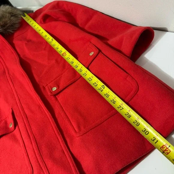 J. Crew cottagecore wool blend Red hoodie Pea Coat with Fur Hood size 10 - Picture 7 of 9